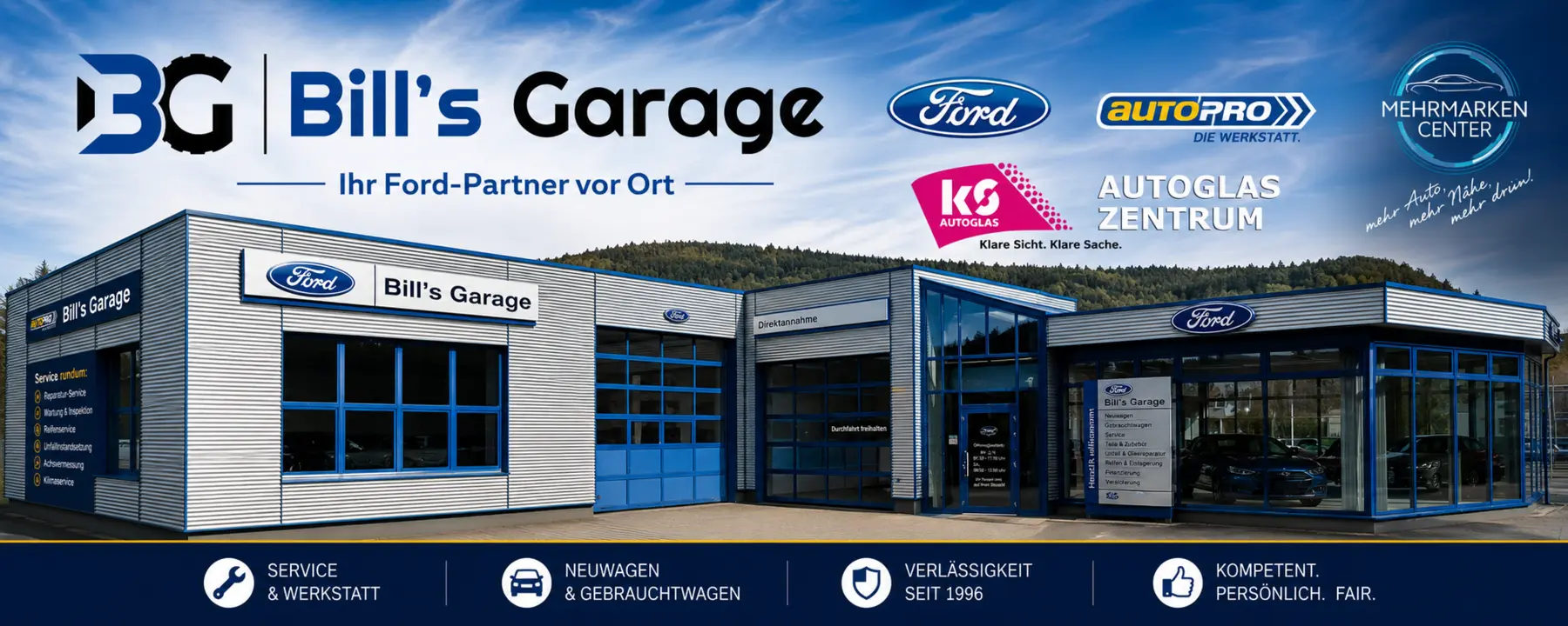 Außenansicht von Bill’s Garage in Baiersbronn mit Servicebereichen und Partnerlogos